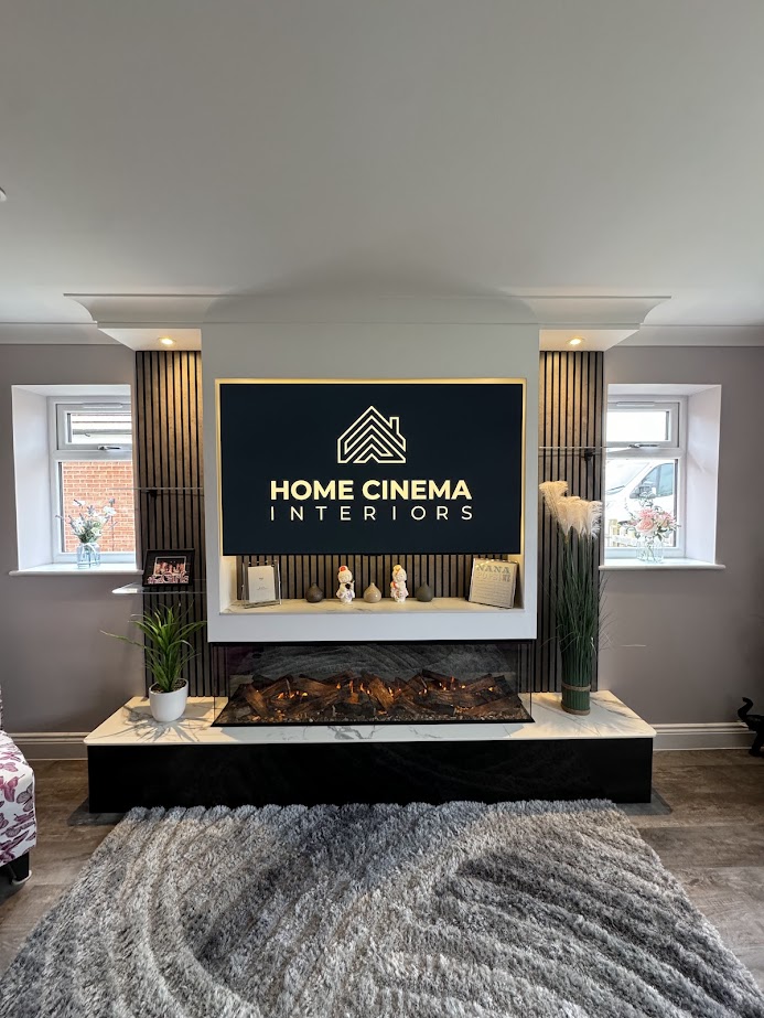 Bespoke Media Wall, Slat Panelling, Stone Base, Glass Shelving, Smart Lighting