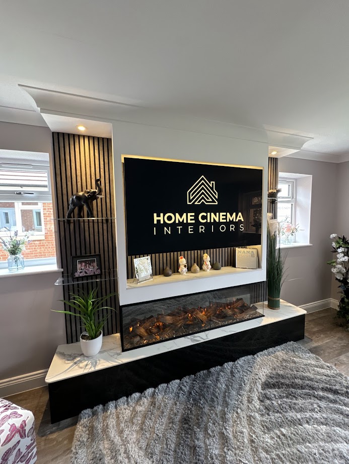 Bespoke Media Wall, Slat Panelling, Stone Base, Glass Shelving, Smart Lighting