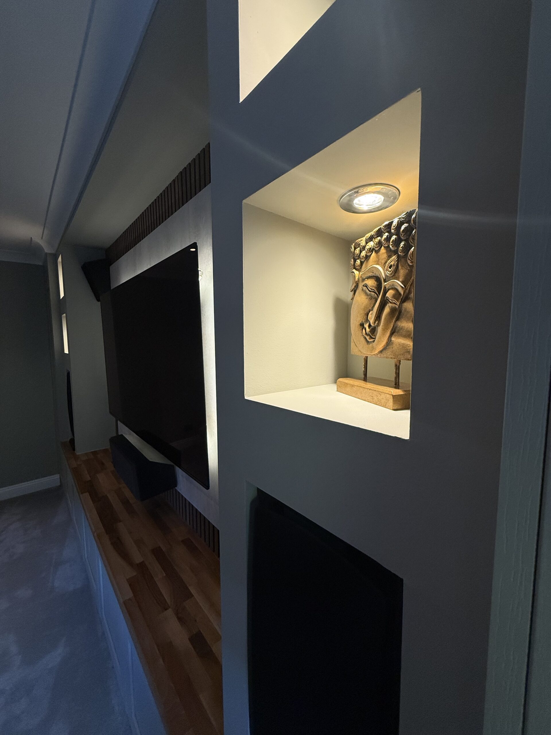 Client Case Study TV Room AV Surround Sound Bespoke Media Wall Slat Panelling