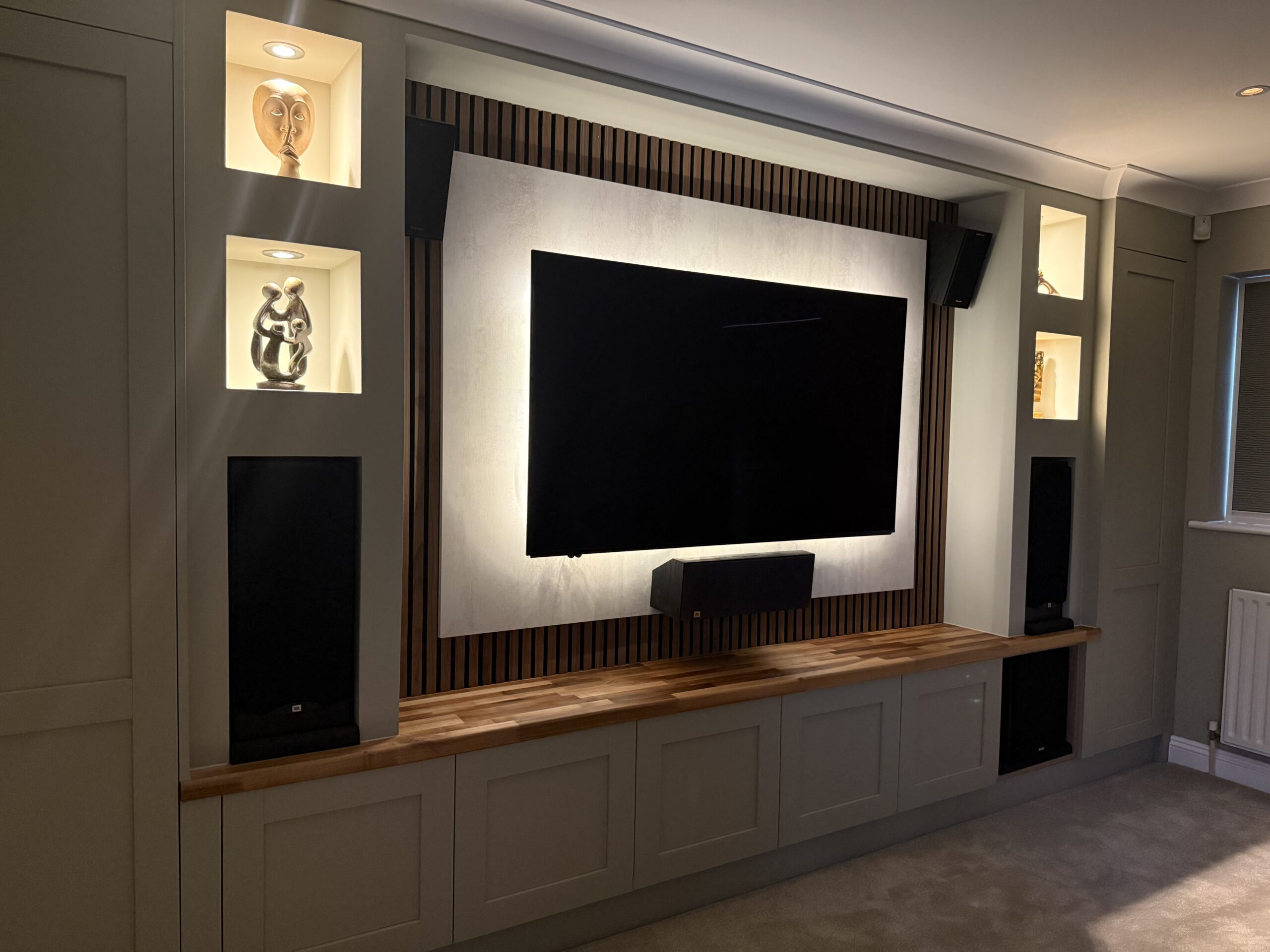 Client Case Study TV Room AV Surround Sound Bespoke Media Wall Slat Panelling