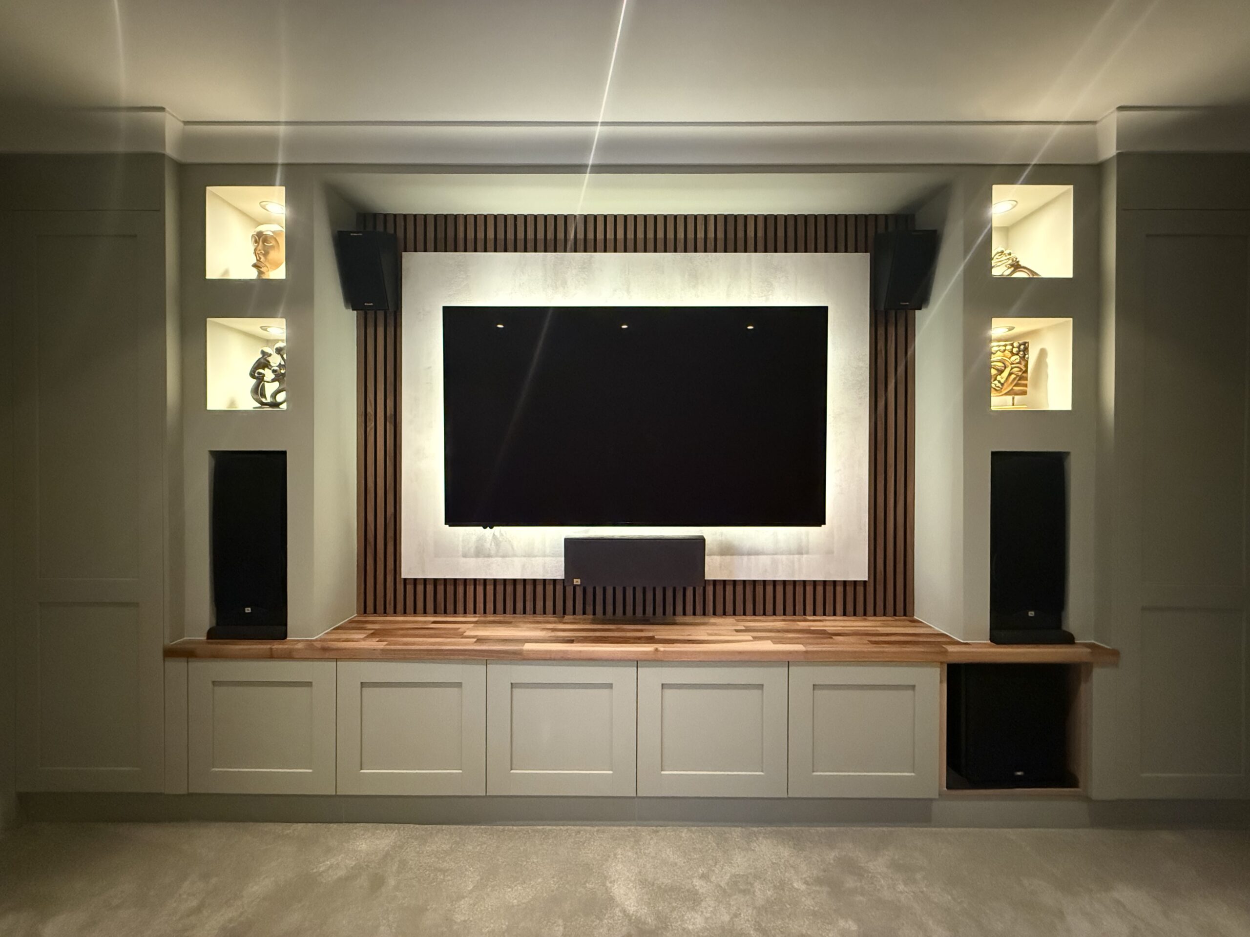Client Case Study TV Room AV Surround Sound Bespoke Media Wall Slat Panelling