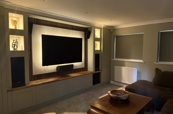 Client Case Study TV Room AV Surround Sound Bespoke Media Wall Slat Panelling
